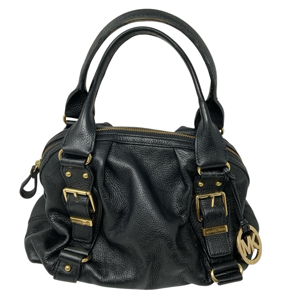 Michael Kors Satchel Black Pebbled Leather Gold Hardware Handbag Medium Boho